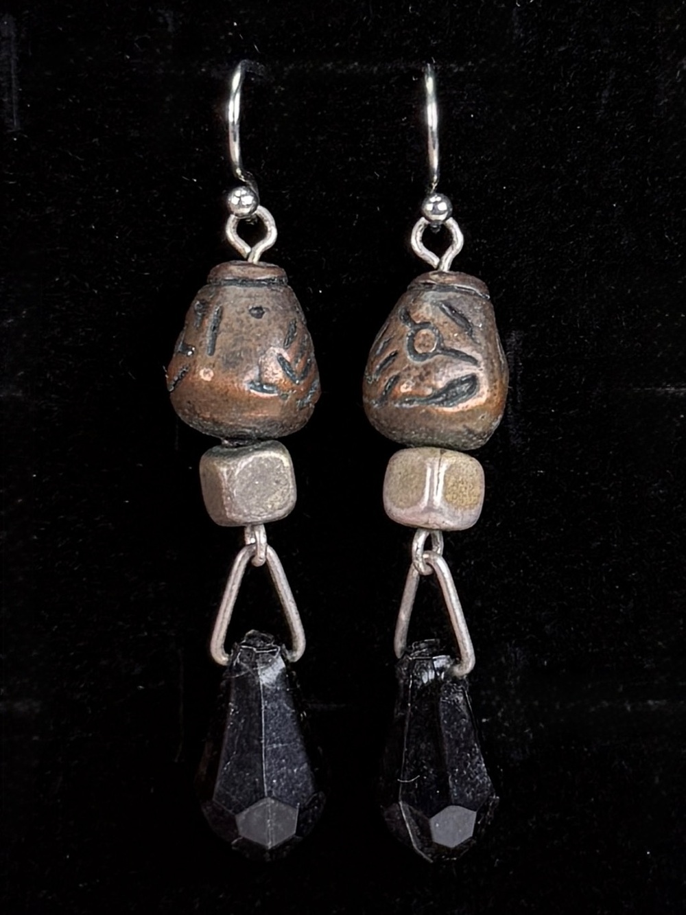 Vintage Bohemian, chic Silvertone and black pierced earrings